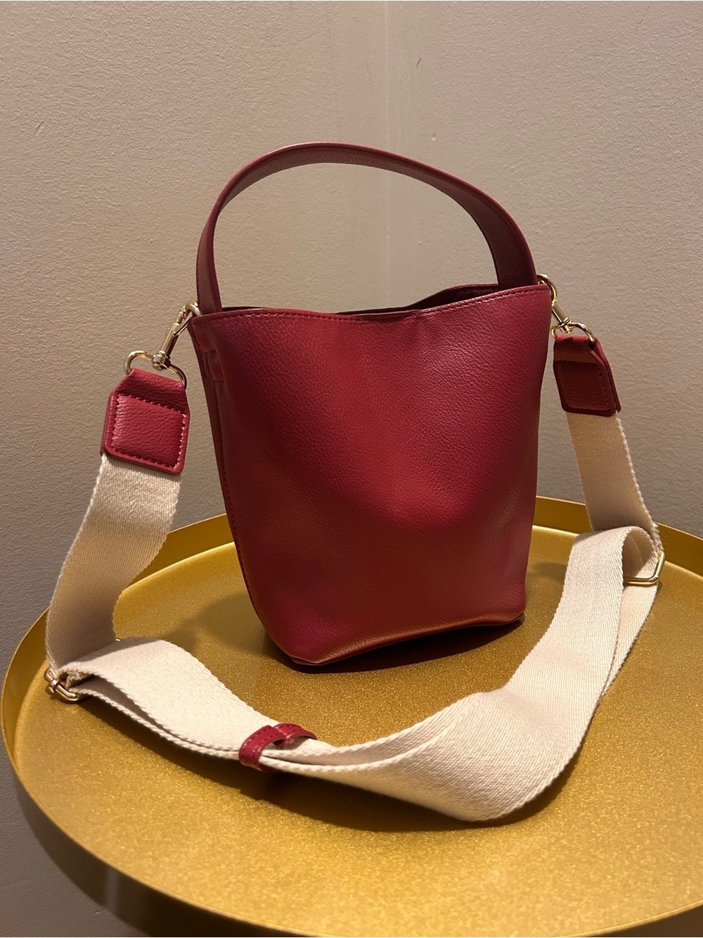 Red Leather Bucket Bag with Adjustable Canvas Strap